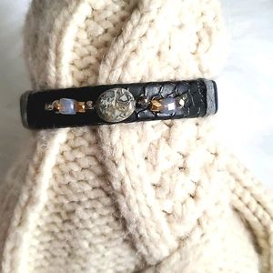 Black Leather Wrapped Gemstone Cuff Bracelet